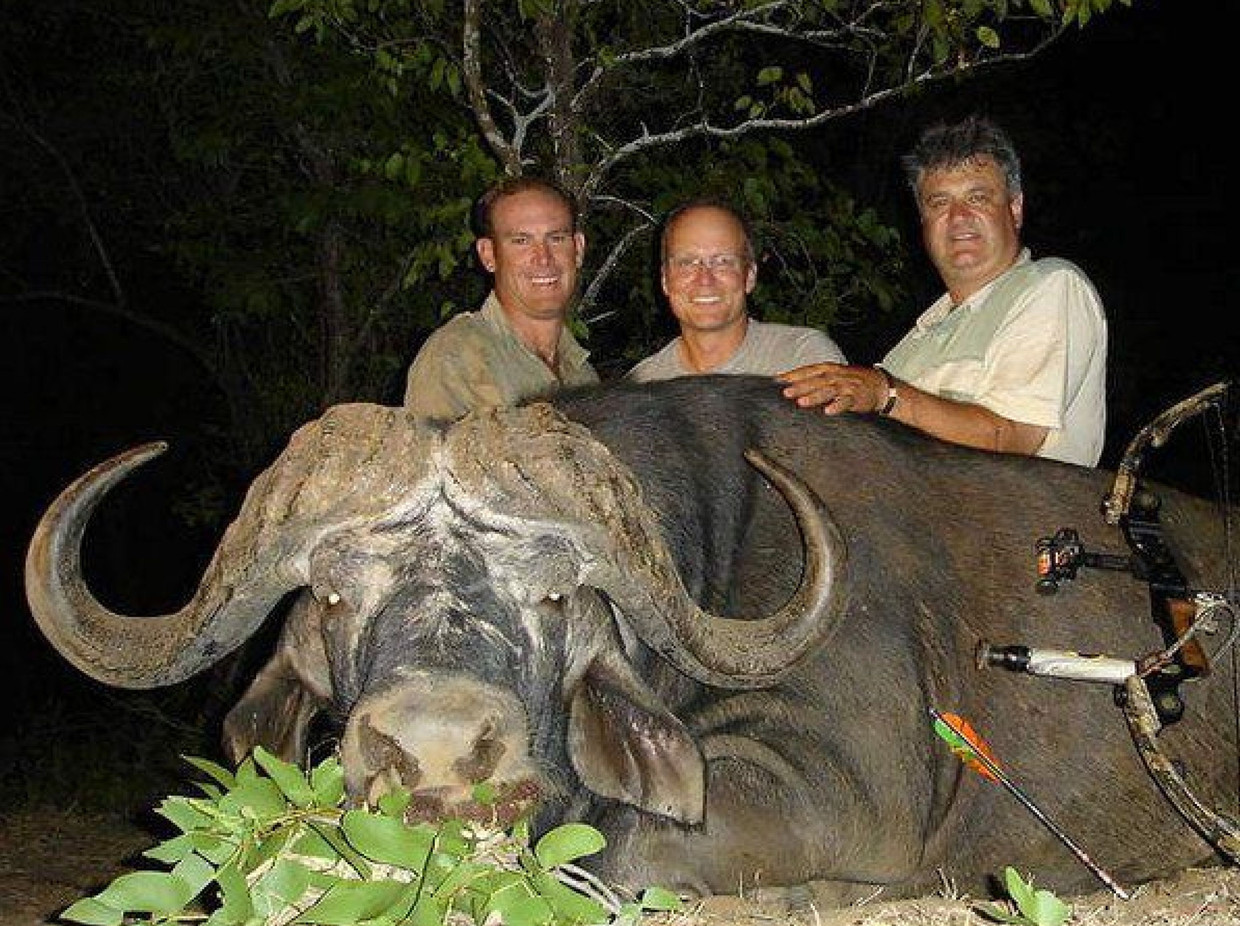 De Amerikaanse tandarts Walter Palmer (midden) en vrienden met een buffel.  Beeld REX by Shutterstock HH