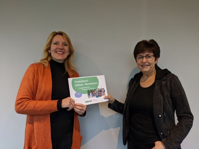 Helga de Boer van Univé (l) overhandigt de cheque aan Gemma Kok, voorzitter Voedselbank Dalfsen Nieuwleusen.