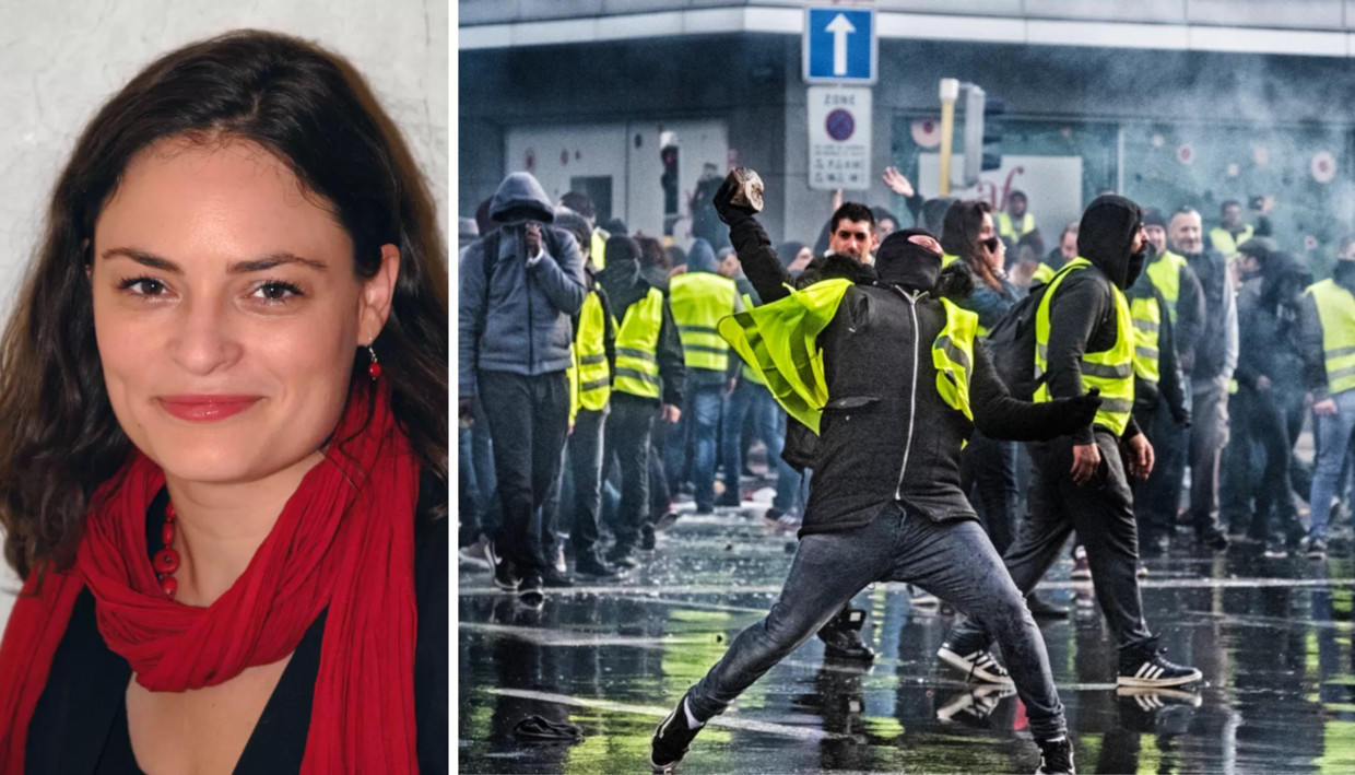 Protest van de 'gele hesjes' in Brussel in 2018, ontstaan na de verhoging van de brandstofaccijns. Adeline Otto: 'De kloof tussen de gele hesjes en de mensen met een bakfiets is ook een sociale kloof is, het gaat om meer dan louter inkomen.' Beeld RV - Tim Dirven