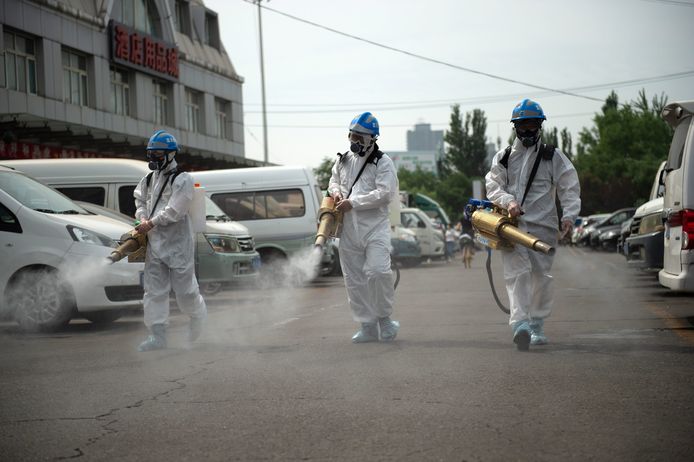De 'ghostbusters' ontsmetten dinsdag met dampkanonnen de omgeving van de voedselmarkt Yuegezhuang in Peking. (2/2)