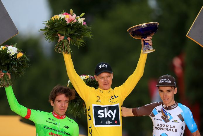 Het podium van de Tour 2017, waar Froome z'n vierde eindzege pakte.