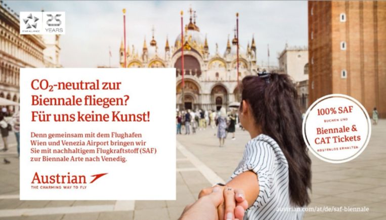 De berispte reclame van Austrian Airlines, die ten onrechte stelt dat er CO2-neutraal kan worden gevlogen. Beeld 