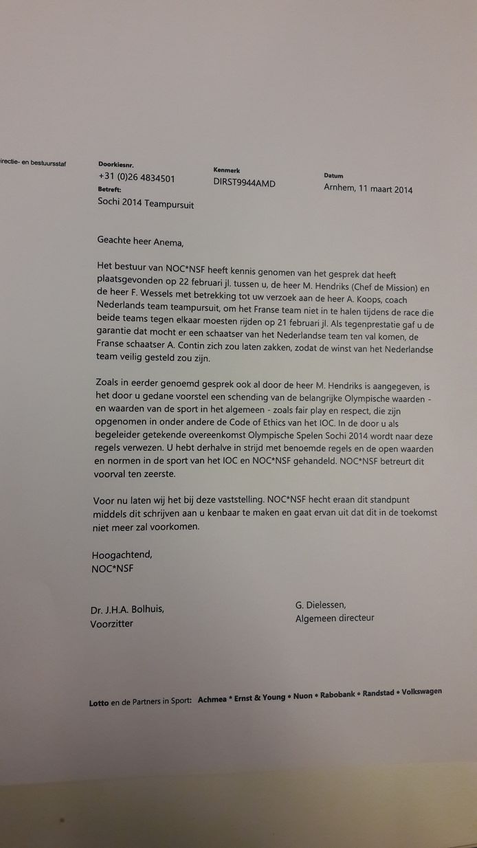 De brief die Jillert Anema in 2014 ontving van NOC*NSF.