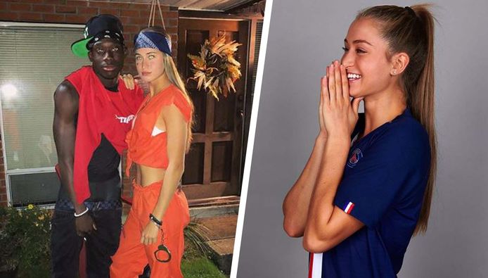 Jordyn Huitema, links met Alphonso Davies op een verkleedfeestje, rechts in het shirt van PSG.