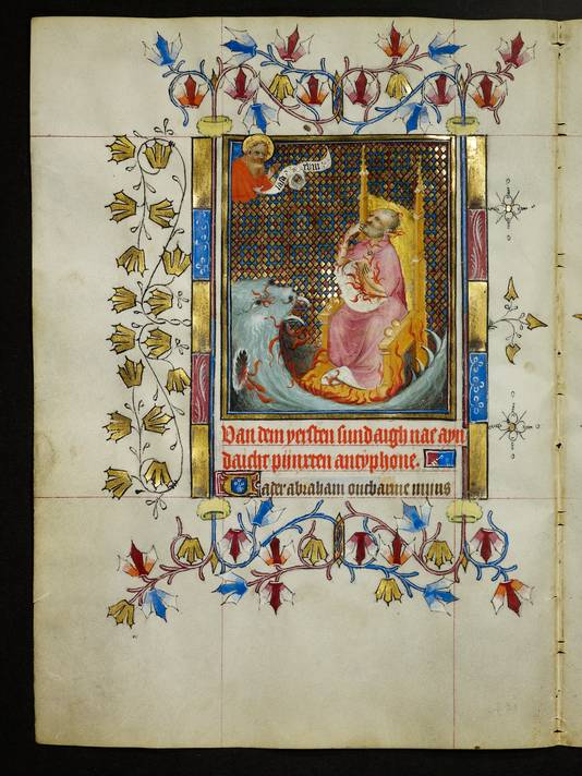 Afbeelding uit gebedenboek van Maria van Gelre: een rijke man uit de hel bidt tot Abraham.