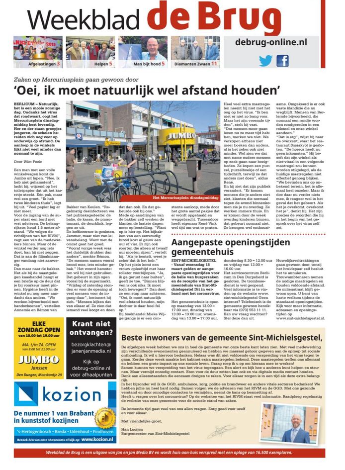 Toch verschenen deze week: weekblad De Brug. Maar lokale media zitten in uiterst zwaar weer. De MooiBoxtelKrant is niet uitgekomen.
