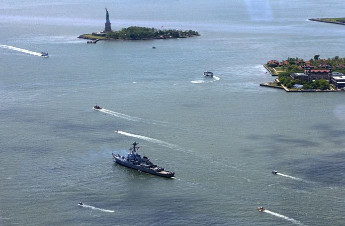 De wateren voor New York, met op de achtergrond het vrijheidsbeeld. Archieffoto.