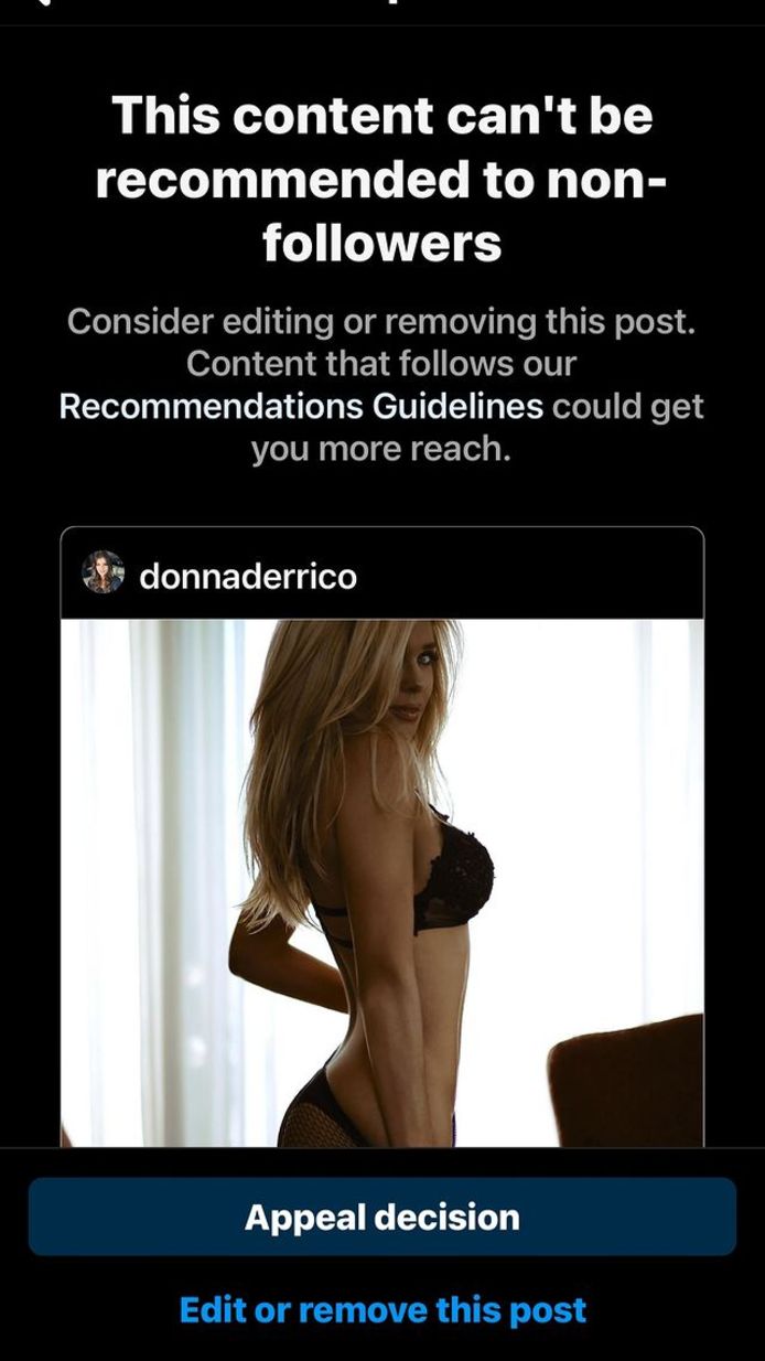 Donna D’Errico beweert dat haar profiel inmiddels ‘verborgen’ wordt gehouden door Instagram.