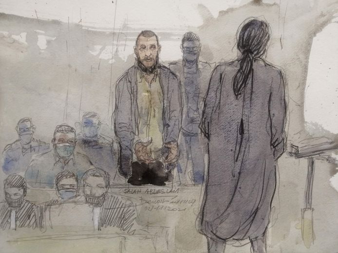 Rechtbankschets van Salah Abdeslam in het speciaal Assisenhof in Parijs.
