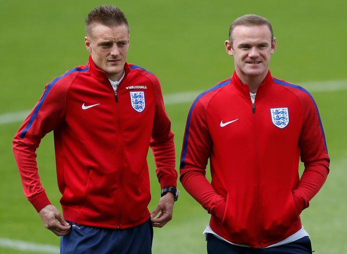 Jamie Vardy en Wayne Rooney, op training tijdens het EK in 2016.