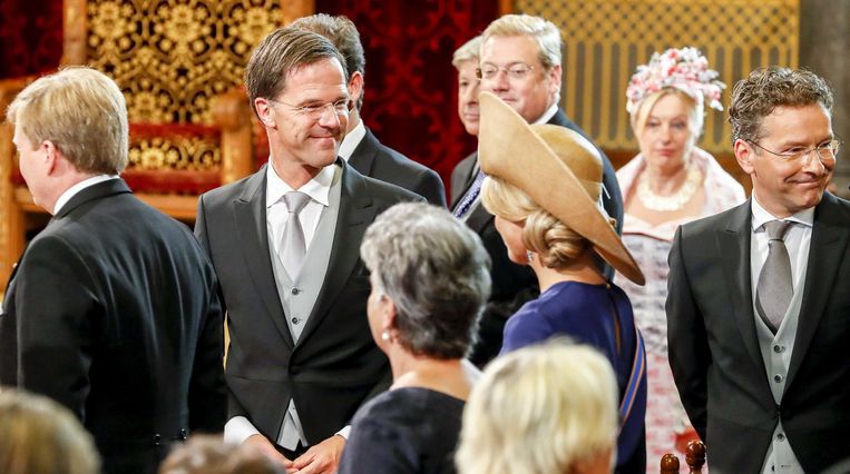 (VLNR) Koning Willem-Alexander, premier Mark Rutte, koningin Maxima en minister van Financiën Jeroen Dijsselbloem voorafgaand aan de Troonrede op Prinsjesdag in de Ridderzaal. Beeld anp