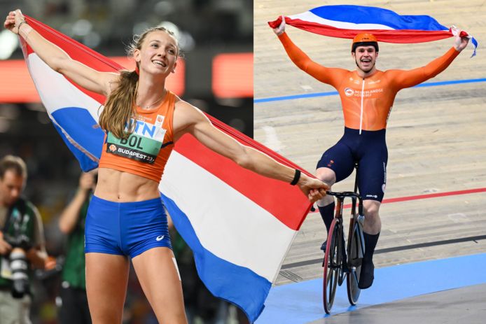 Femke Bol en Harrie Lavreysen, twee van de Nederlandse medaillekandidaten voor de Olympische Spelen in Parijs.