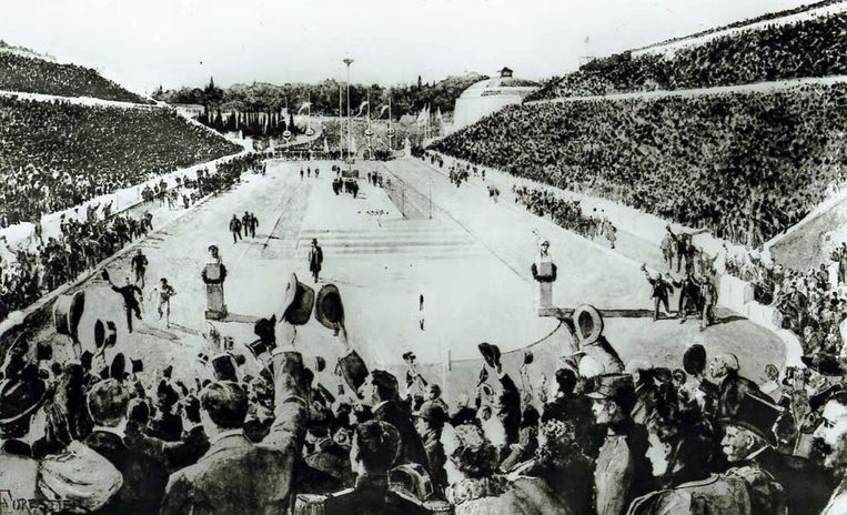 Op de tekening is de overwinning van de Griek Spiridon Louis op de marathon in 1896 in Athene weergegeven.  Beeld HH, AFP