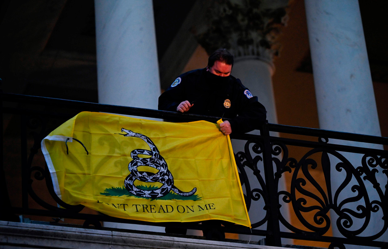 De Gadsden-vlag met een ratelslang die waarschuwt: Vertrap mij niet. Beeld AFP