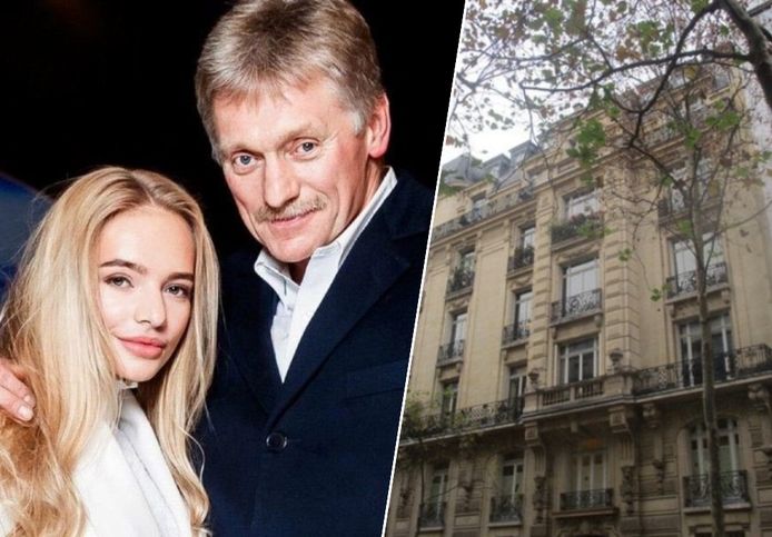 Liza Peskova en haar vader Dmitri Peskov. Rechts haar flat in Parijs.