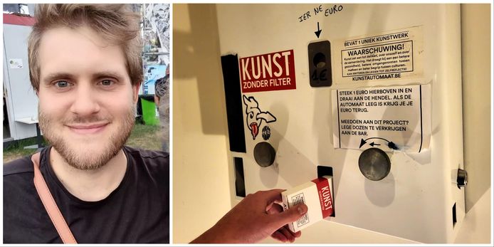 Links zie je Alexander Cheyns van Gainsbar, rechts de tot kunstautomaat omgevormde oude condoomautomaat.
