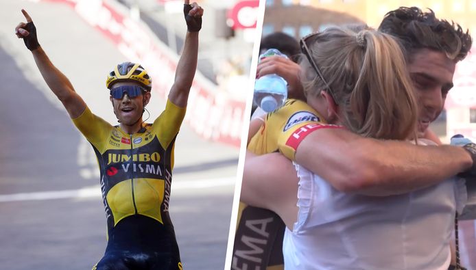 Wout van Aert won de Strade Bianche. Vrouw Sarah De Bie kon haar tranen van geluk niet bedwingen.