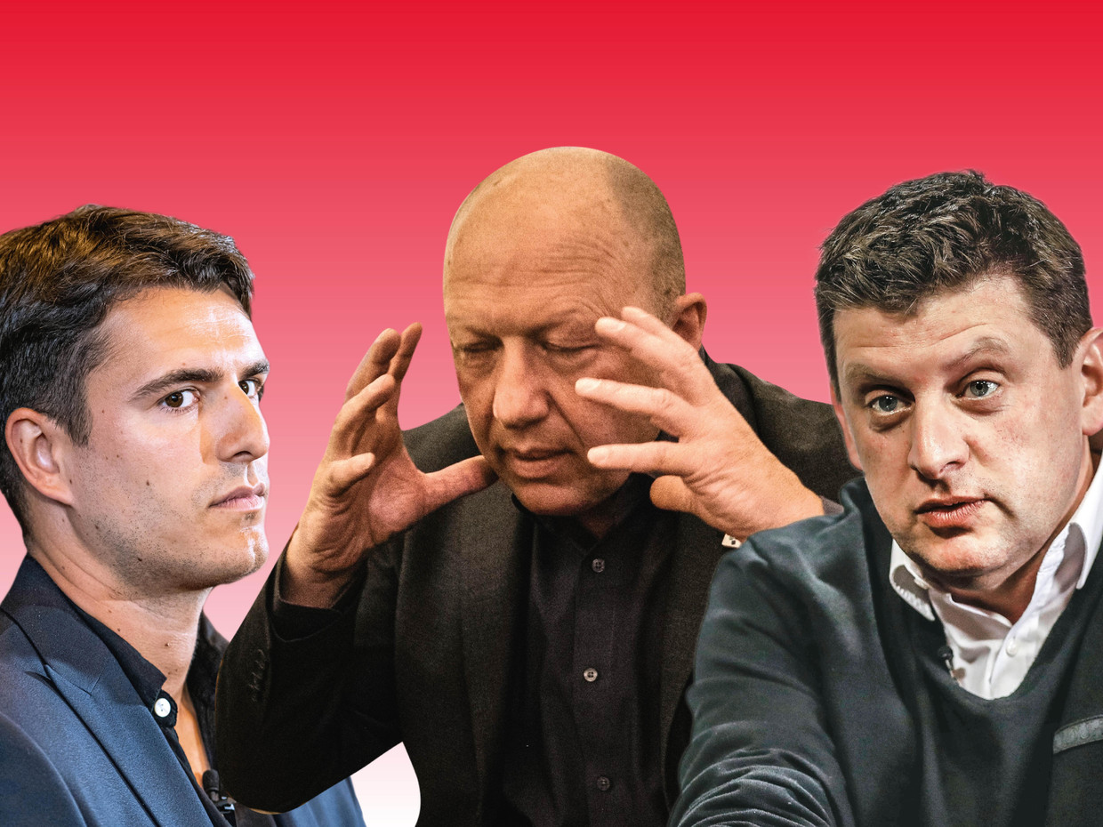 Conner Rousseau (l.) draagt het cumulverbod van zijn voorganger John Crombez (r.) ten grave. Hans Bonte (midden) is daar altijd tegen geweest. Beeld <