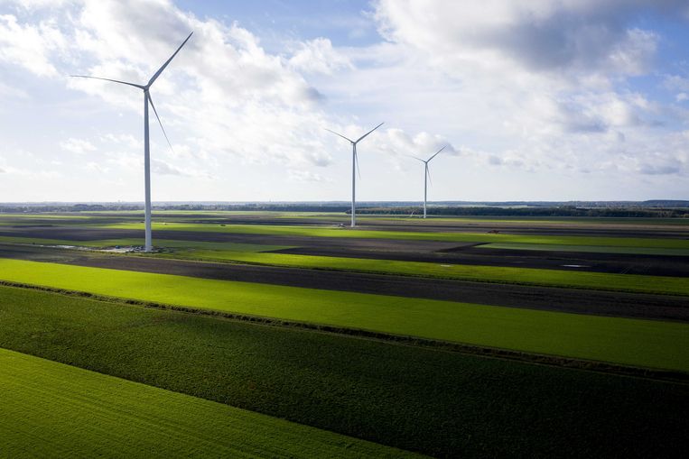 Dronefoto van windpark De Drentse Monden en Oostermoer in het noordelijk deel van de Drentse Veenkolonien.  Beeld ANP