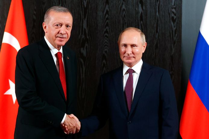 De Turkse president Recep Tayyip Erdogan (links) schudt de hand met Russisch president Vladimir Poetin (rechts).