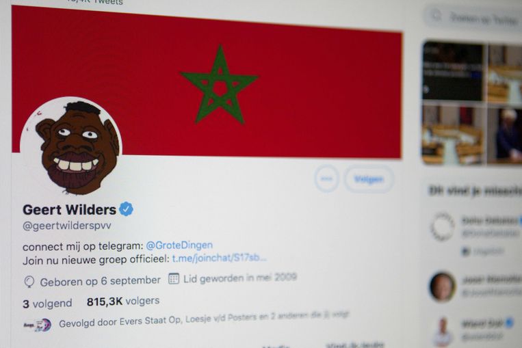 Het Twitter-account van Geert Wilders werd gehackt. Iemand heeft er een Marokkaanse vlag op gezet samen met allerlei berichten over complottheorieën.  Beeld ANP