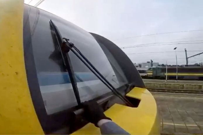 Op de beelden is te zien hoe een treinsurfer komende van Schendelbeke het station van Geraardsbergen binnen rijdt.
