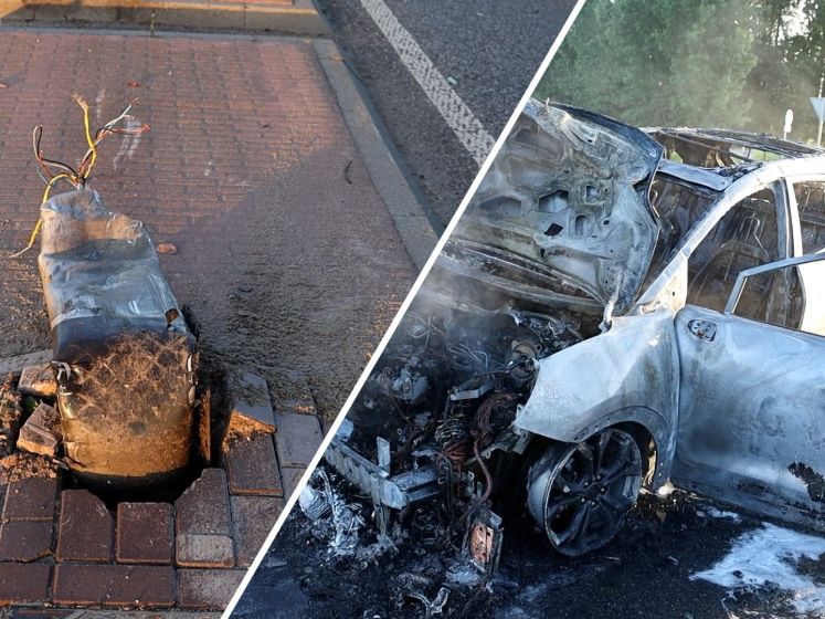 Man (33) rijdt lantaarnpalen omver in Herwen, auto vliegt in brand