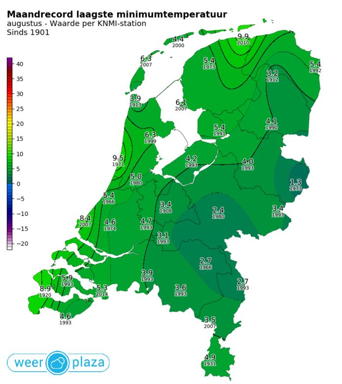 Recordkaart temperaturen augustus.