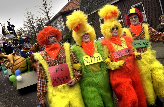 Impressie uit de Moergestelse carnavalsoptocht van 2002: 'We kregge um nie mir omhoog'.