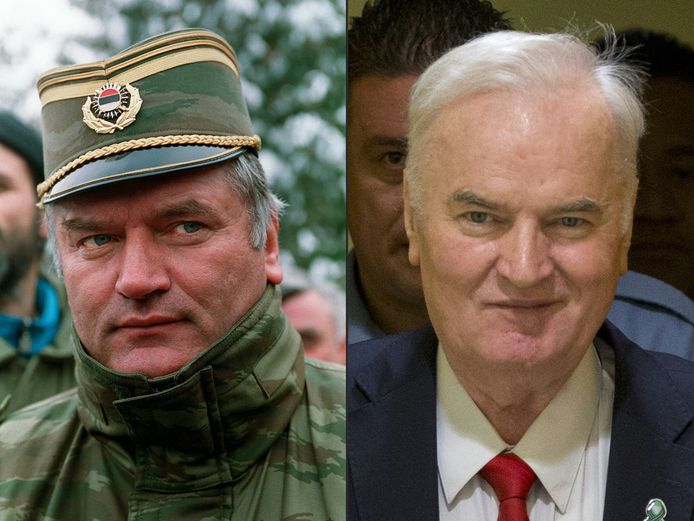 Ratko Mladic in Sarajevo in 1994 en in november vorig jaar in het Internationaal Joegoslavië-Tribunaal.