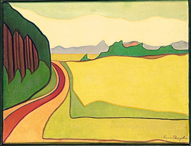 Anna Sluijter, Landschap met rode weg, Blaricum, ca. 1914.  Beeld  Simonis & Buunk, Ede