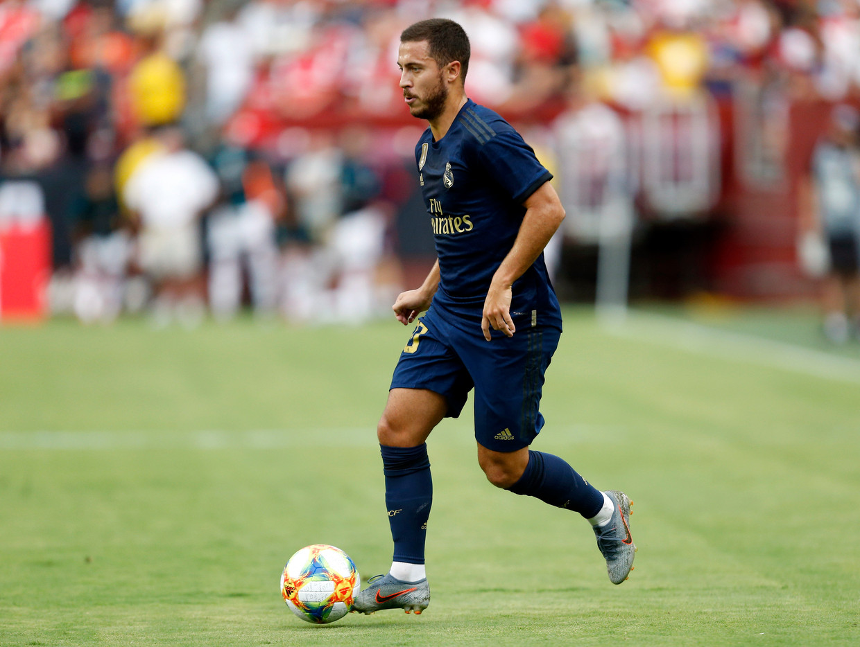 Eden Hazard oefende deze week al met Real tegen Arsenal, in Houston. Straks wacht Atlético. Beeld Getty Images