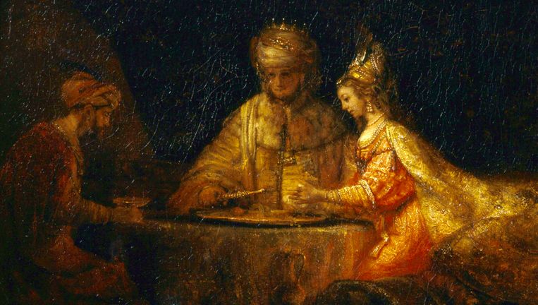 Fragment uit 'Ahasveros en Haman aan het feestmaal van Esther' van Rembrandt van Rijn. Beeld Wikimedia