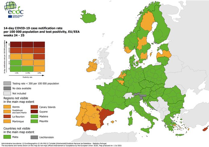 De ECDC-kaart die gisteren werd uitgebracht, met Wallonië als nog een van de weinige Europese regio's die oranje kleuren.