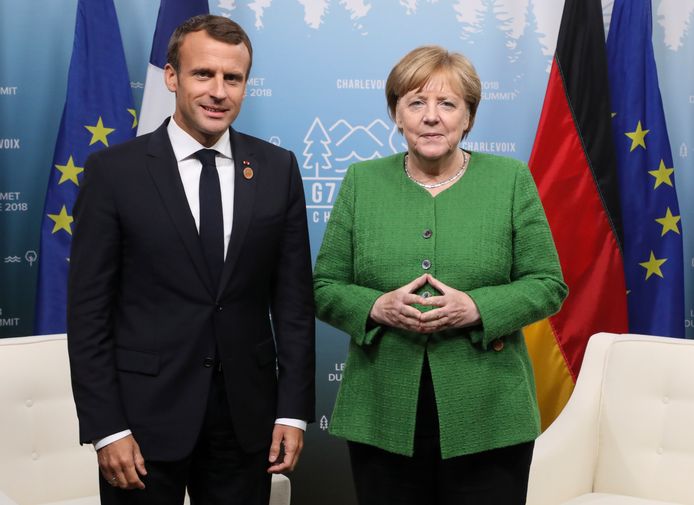 De Franse president Macron en zijn Duitse tegenhanger, bondskanselier Merkel op de G7 afgelopen weekend.