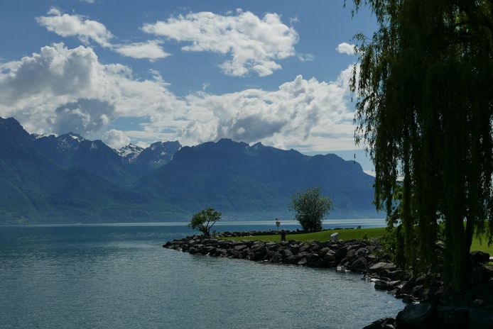 Vanuit de stad Montreux heb je een prachtig zich op het meer van Genève en de Alpen.