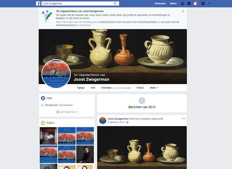 De Facebookpagina van Joost Zwagerman, een account met herdenkinsstatus.  Beeld 
