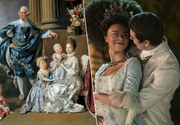King George III en Queen Charlotte met hun kinderen.  / Queen Charlotte: A Bridgerton Story