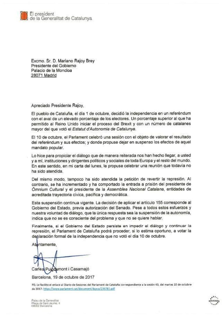 De brief van Carles Puigdemont. Beeld rv