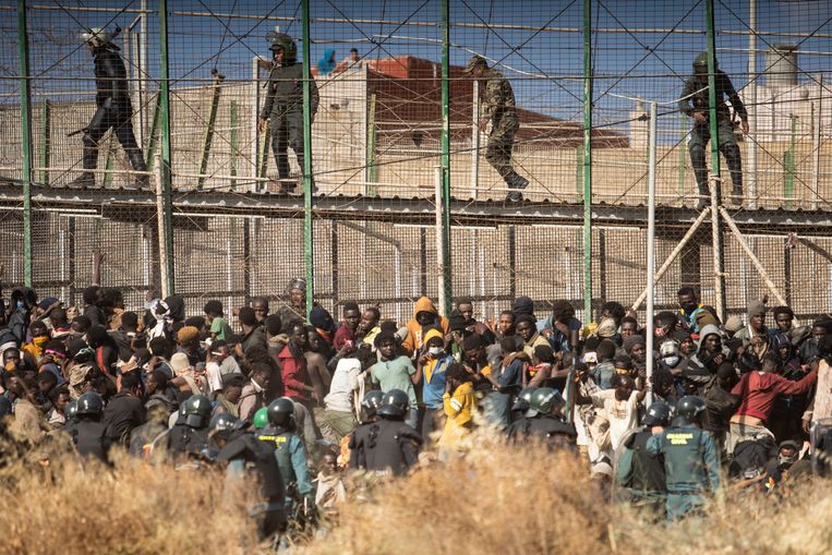 Migranten bij de grenshekken tussen het Spaanse Melilla en Marokko.  Beeld AP