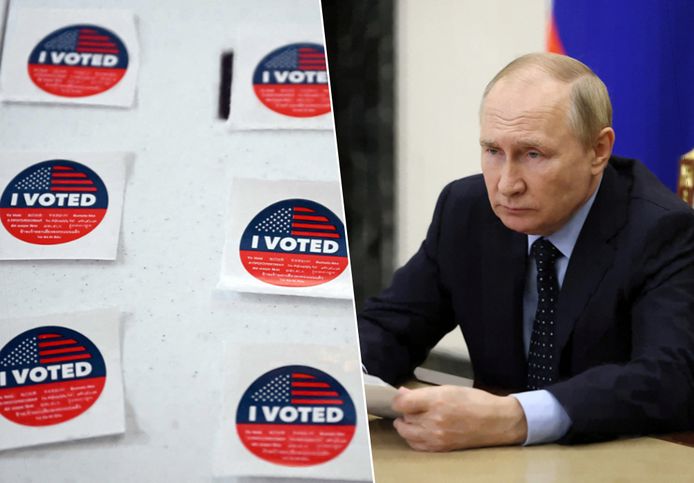 'I Voted'-stickers liggen klaar in een Amerikaans stembureau (links) en de Russische president Vladimir Poetin (rechts).
