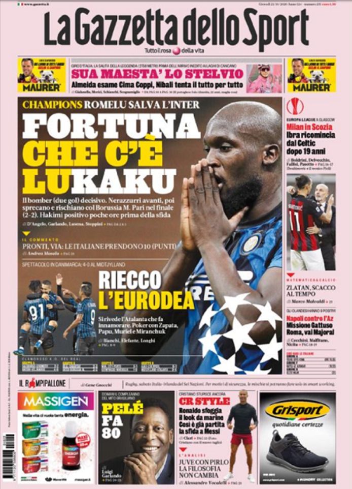 Romelu Lukaku sierde vanochtend andermaal de cover van La Gazzetta dello Sport. “Gelukkig is er Lukaku”