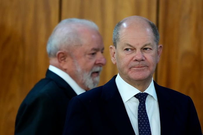 De Braziliaanse president Luiz Inácio Lula da Silva en de Duitse bondskanselier Olaf Scholz in Brasilia.