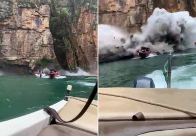 Beelden tonen hoe rotswand afbreekt boven toeristenbootjes in Brazilië: minstens zeven doden