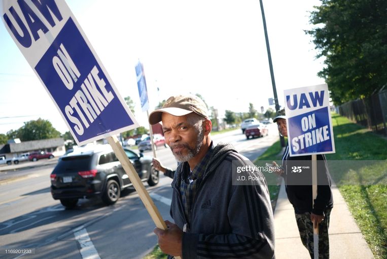 Richard Bell, 43 jaar in dienst bij General Motors, tijdens een protestactie van de UAW (United Auto Workers) in Toledo, Ohio, 2019. Beeld Getty Images