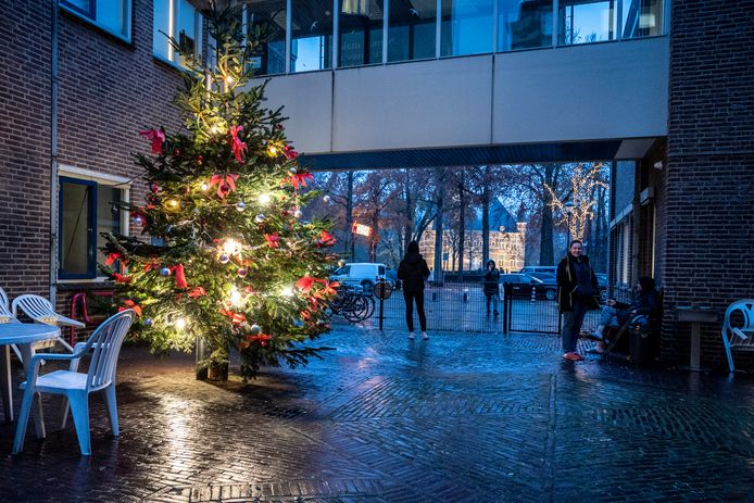 Kerstboom in Wijchen bij het voormalige gemeentehuis, nu opvanglocatie voor Oekraïners. Rechts Anna (met rode sneakers), ze is er pas twee weken.