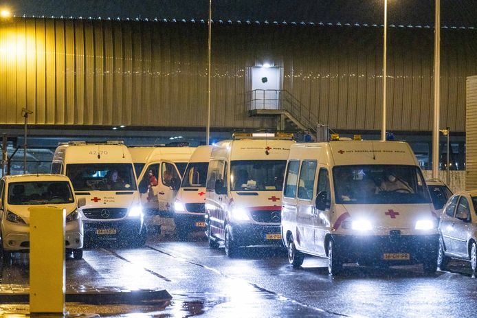 Het Rode Kruis bracht passagiers die positief zijn getest uit Zuid-Afrika met busjes naar een hotel, waar ze verplicht in quarantaine moeten.