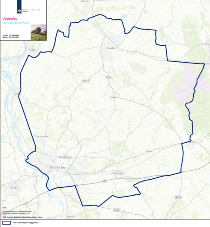 De 10 kilometerzone rond het bedrijf in Heeten zoals dat is vastgesteld door Rijksoverheid.