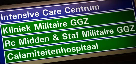 Een wegwijzer in het Calamiteitenziekenhuis in Utrecht. Het hospitaal is een samenwerkingsverband van Defensie en het UMC en moet voorzien in acute en grootschalige opvang van slachtoffers in Nederland.
