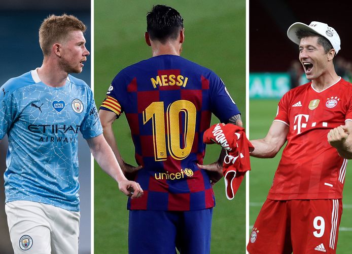 Vlnr: Kevin de Bruyne, Lionel Messi en Robert Lewandowski.